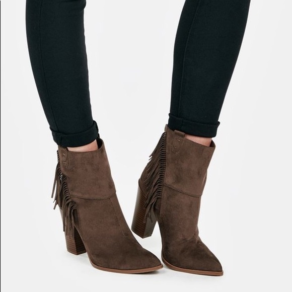 Kaiya Brown Chunky heel Vegan Suede Fringe Bootie sz 7.5-8 - Picture 5 of 10